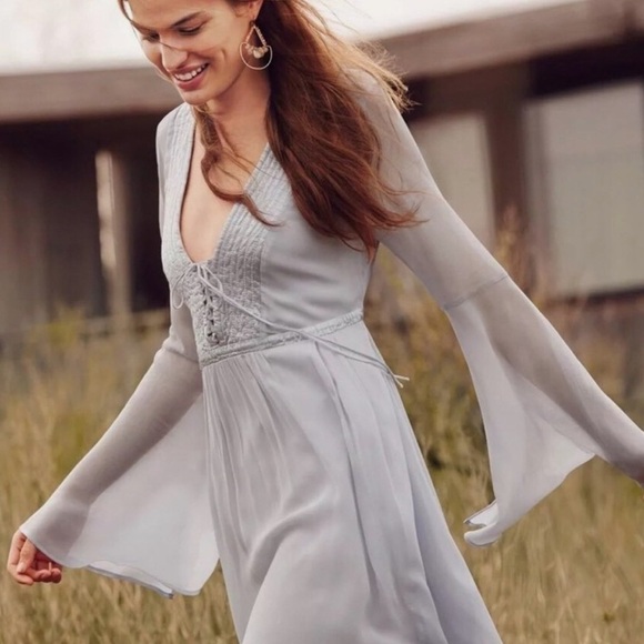 Anthropologie Ghost London Belled Gray Blue Peasant Boho Dress Tie Button Small - Picture 7 of 10